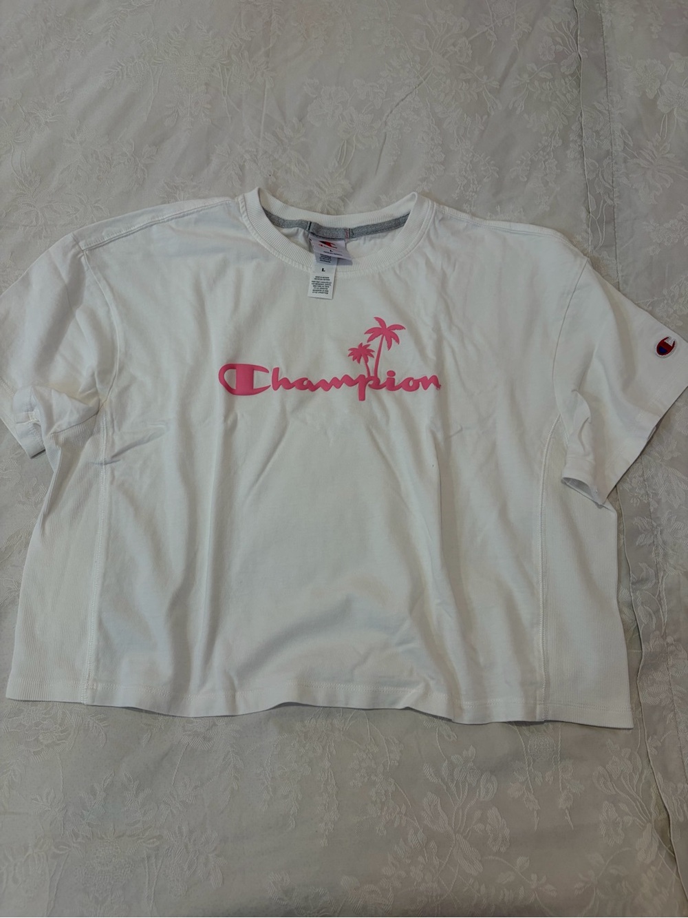 Champion White Crop Tee with Pink Logo and Palm
